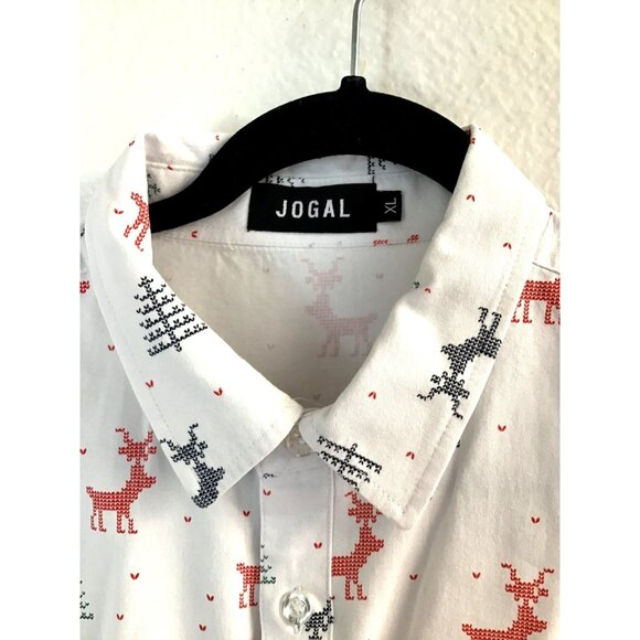 JOGAL -WHITE CHRISTMAS FIGURES LONG SLEEVE BUTTON DOWN COTTON SHIRT SIZE X-LARGE - Picture 3 of 7
